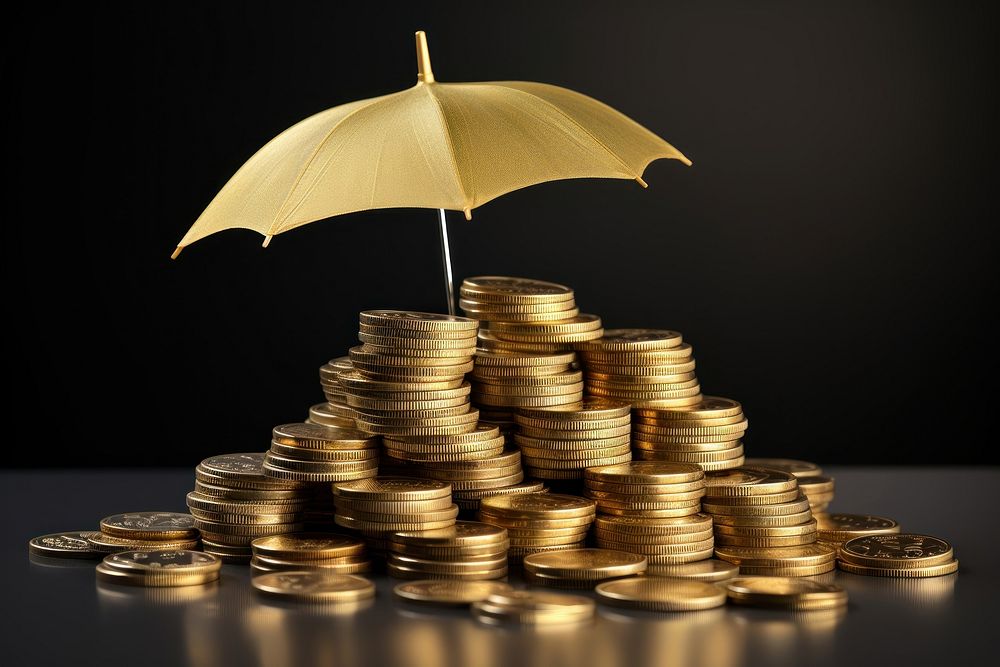 Umbrella covering stack of coins umbrella money gold. AI generated Image by rawpixel.