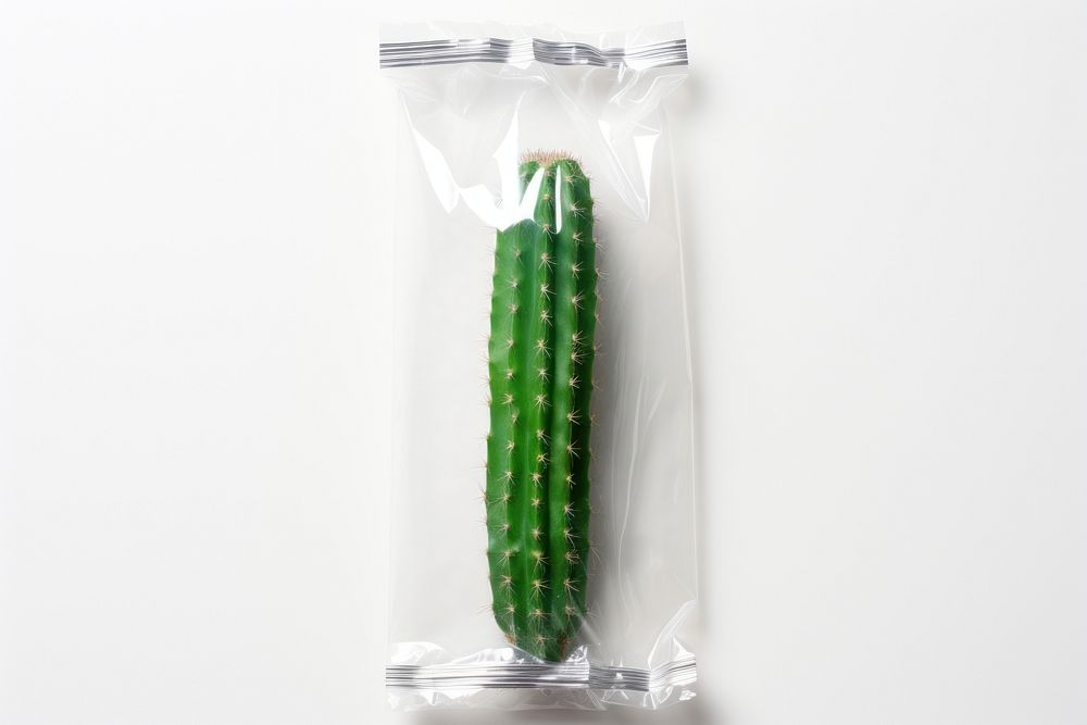 Plastic wrapping over a cactus plant food white background.