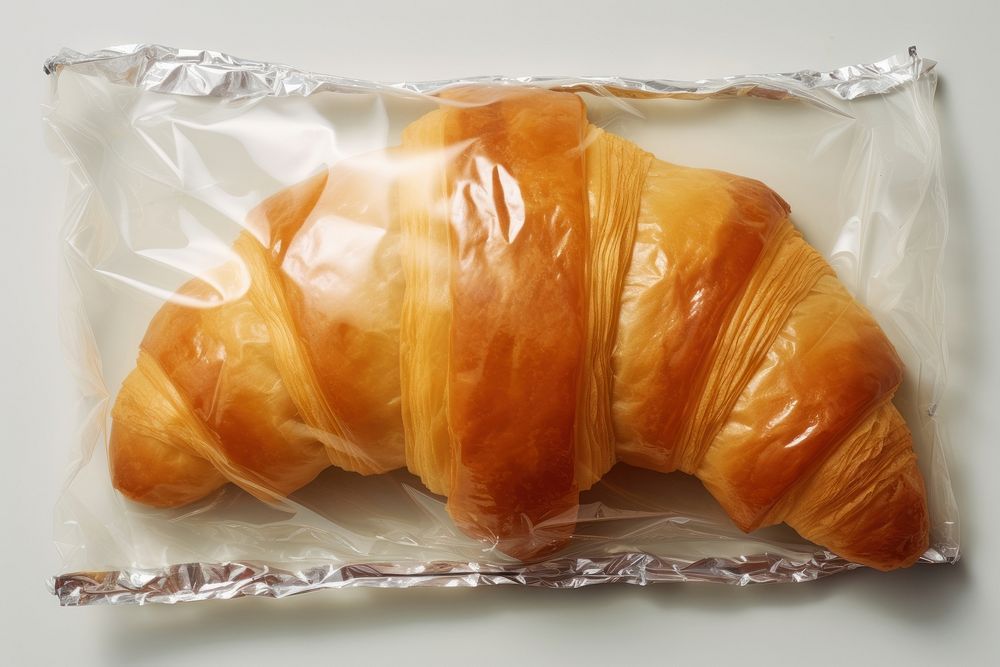 Plastic wrapping over a croissaint croissant food white background.