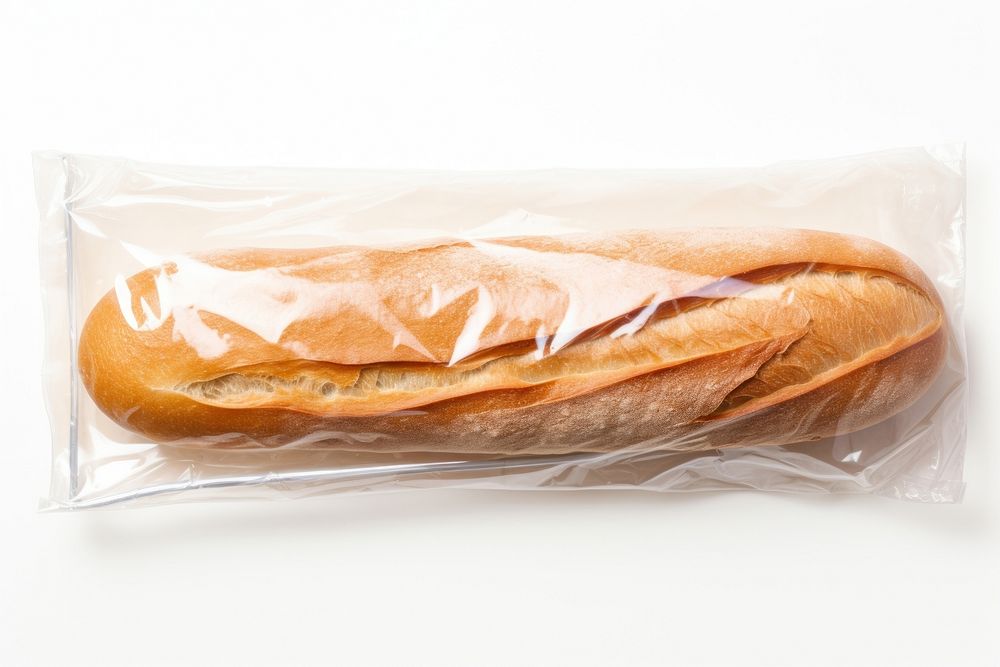 Plastic wrapping over a baguette bread food white background.