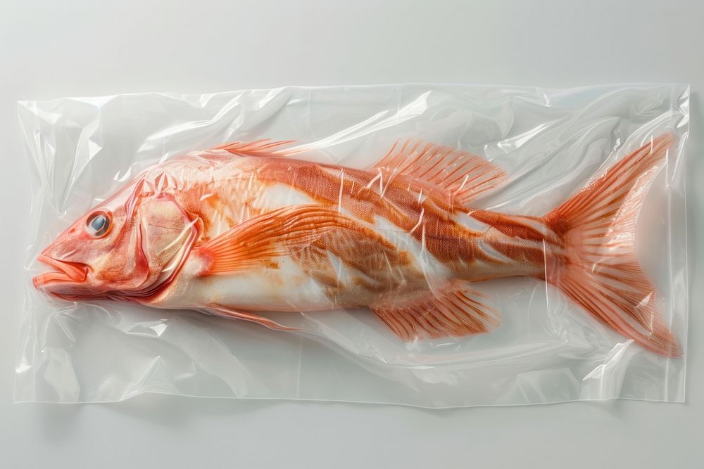 Plastic wrapping over a fish seafood animal underwater.