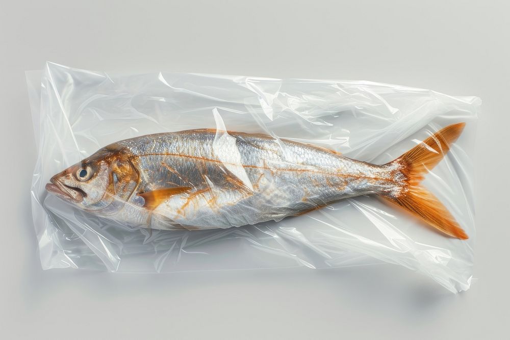 Plastic wrapping over a fish animal white background freshness.