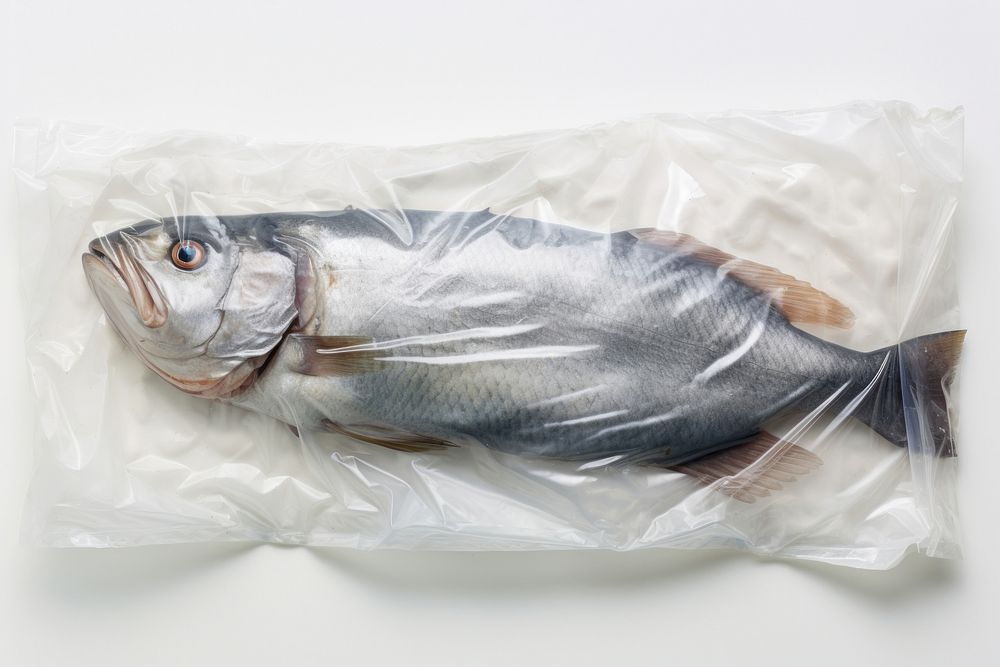 Plastic wrapping over a fish seafood animal white background.