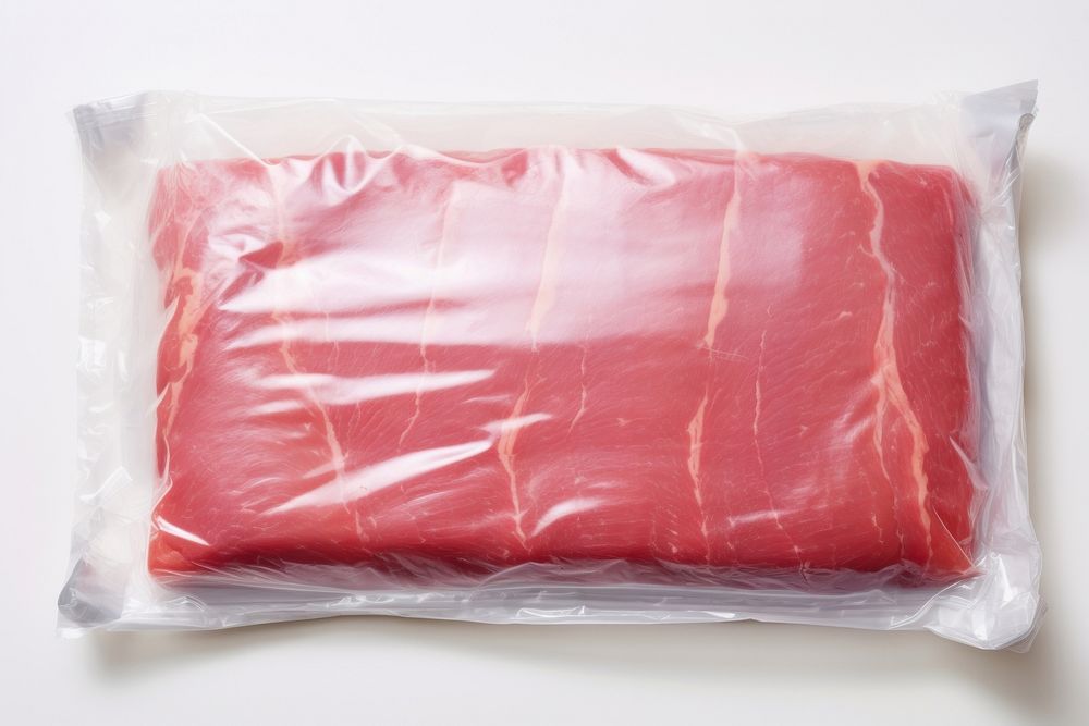 Plastic wrapping over a meat food pork white background.