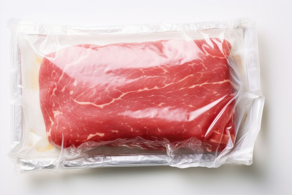 Plastic wrapping over a meat food beef pork.