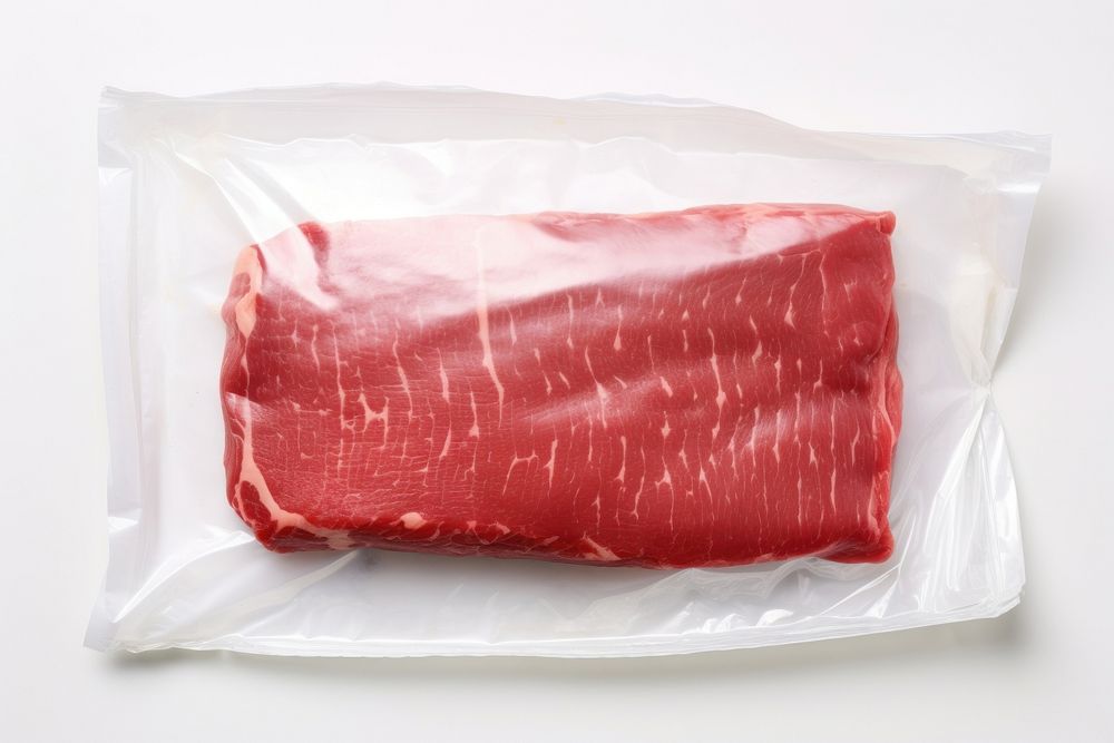 Plastic wrapping over a meat beef food white background.