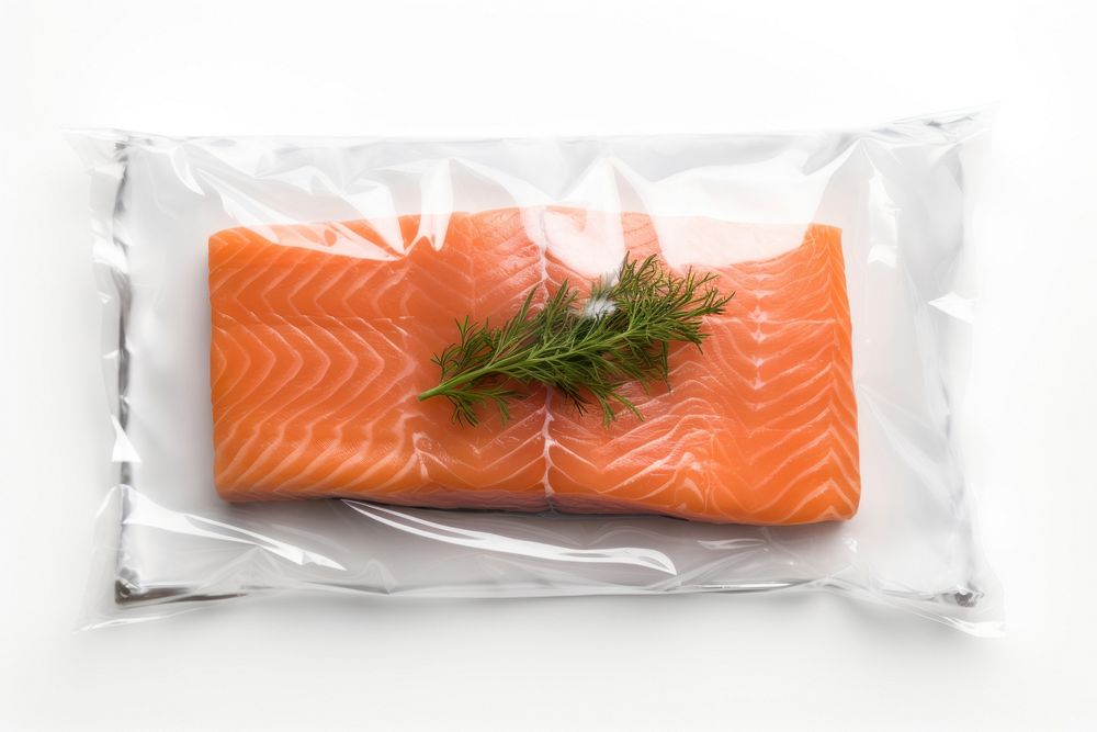 Plastic wrapping over a salmon fillet seafood white background vegetable.