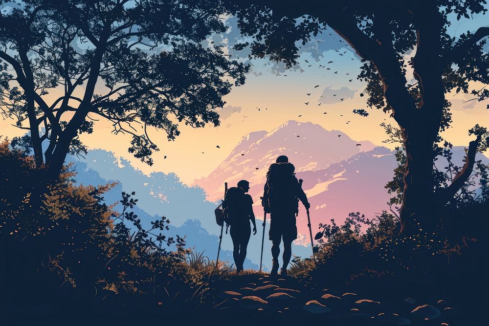 Couple walking with backpack and travel sticks nature silhouette adventure. AI generated Image by rawpixel.