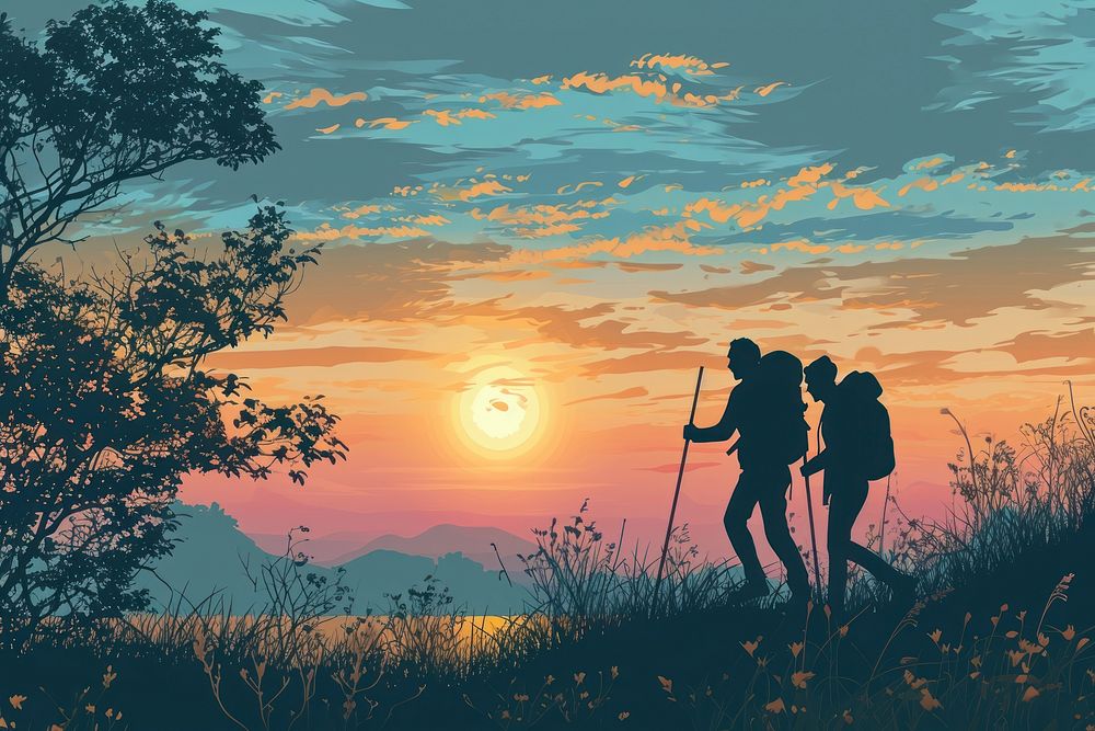 Couple walking with backpack and travel sticks nature silhouette adventure. AI generated Image by rawpixel.