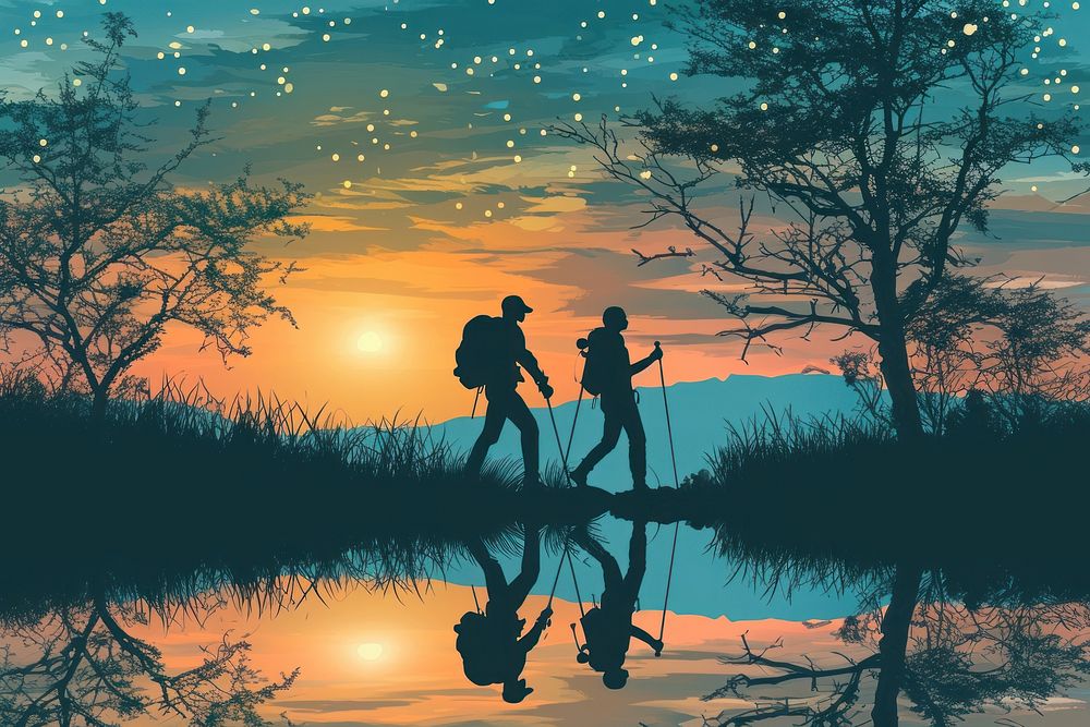 Couple walking with backpack and travel sticks nature silhouette outdoors. AI generated Image by rawpixel.