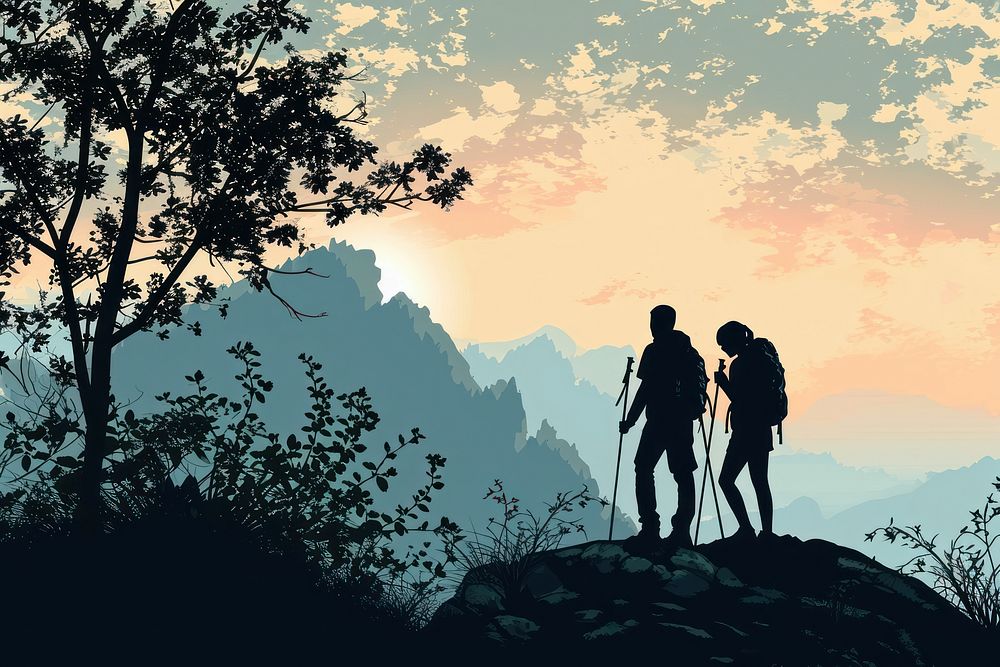 Couple walking with backpack and travel sticks silhouette nature adventure. AI generated Image by rawpixel.