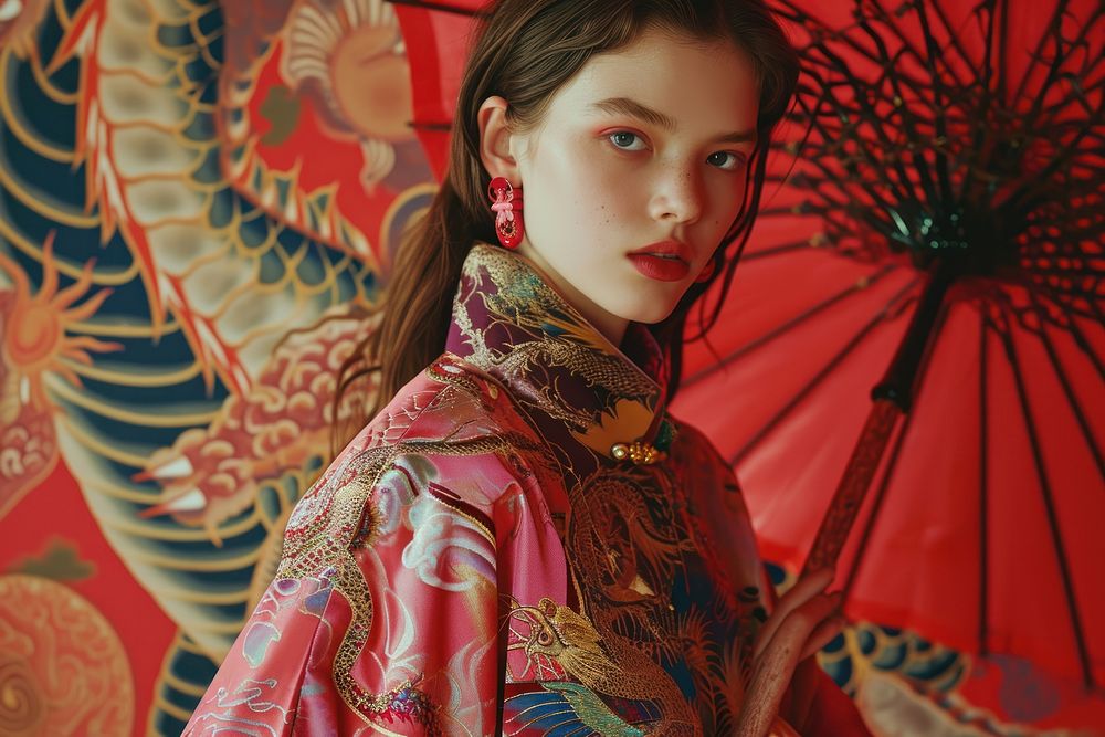 Pink Mandarin Collar portrait fashion kimono.
