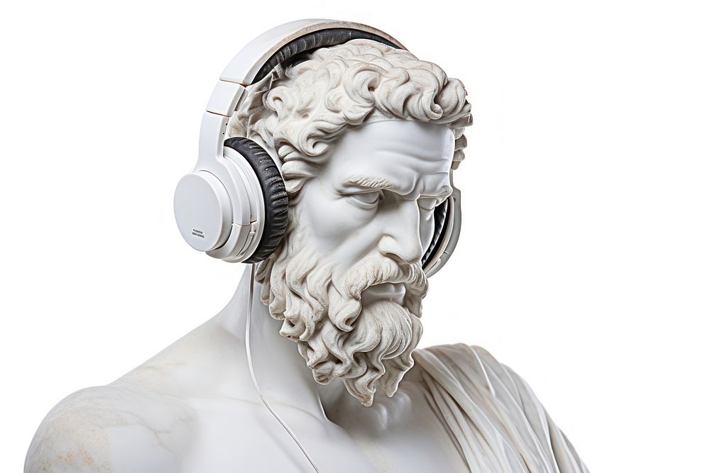 Portrait of an Ancient Greek sculpture headphones headset statue.