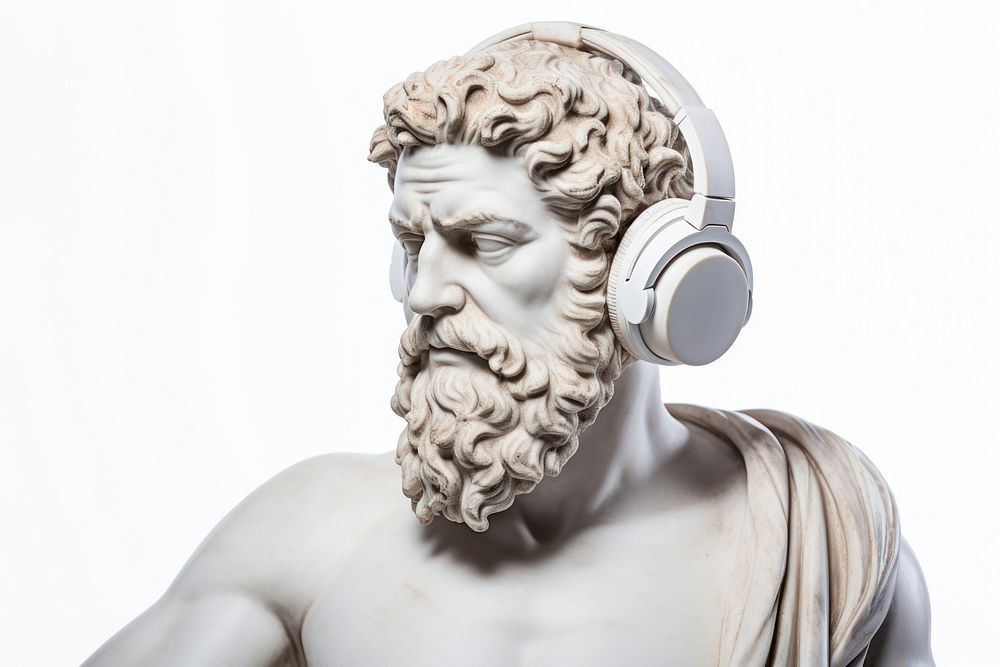 Portrait of an Ancient Greek sculpture headphones statue white background.