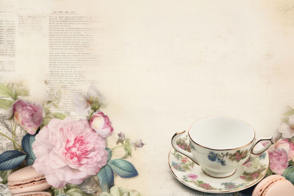 English afternoon tea with cakes border porcelain saucer flower.