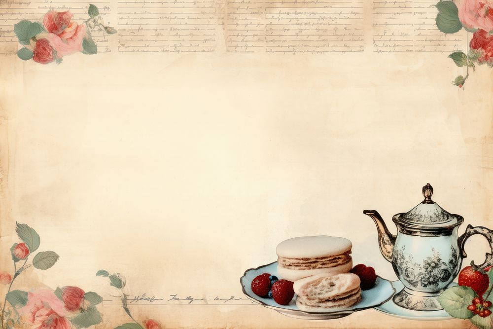 English afternoon tea with desserts border teapot saucer paper.