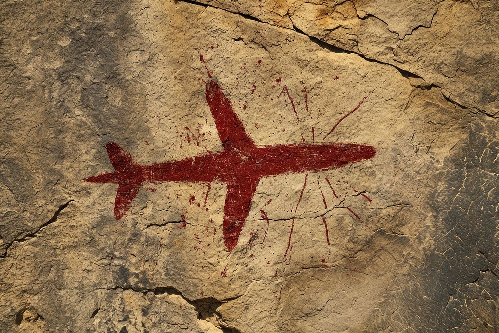 Cave art painting style of airplane text rock transportation.