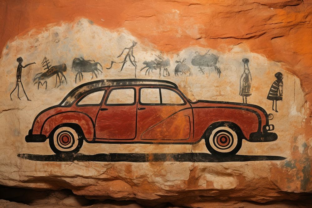 Cave art style painting of car vehicle transportation architecture.