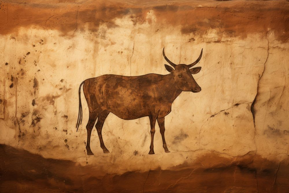 Cave art style painting of Cow wildlife animal mammal.