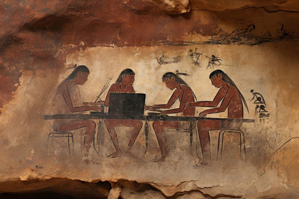Cave painting of labtop ancient art architecture.
