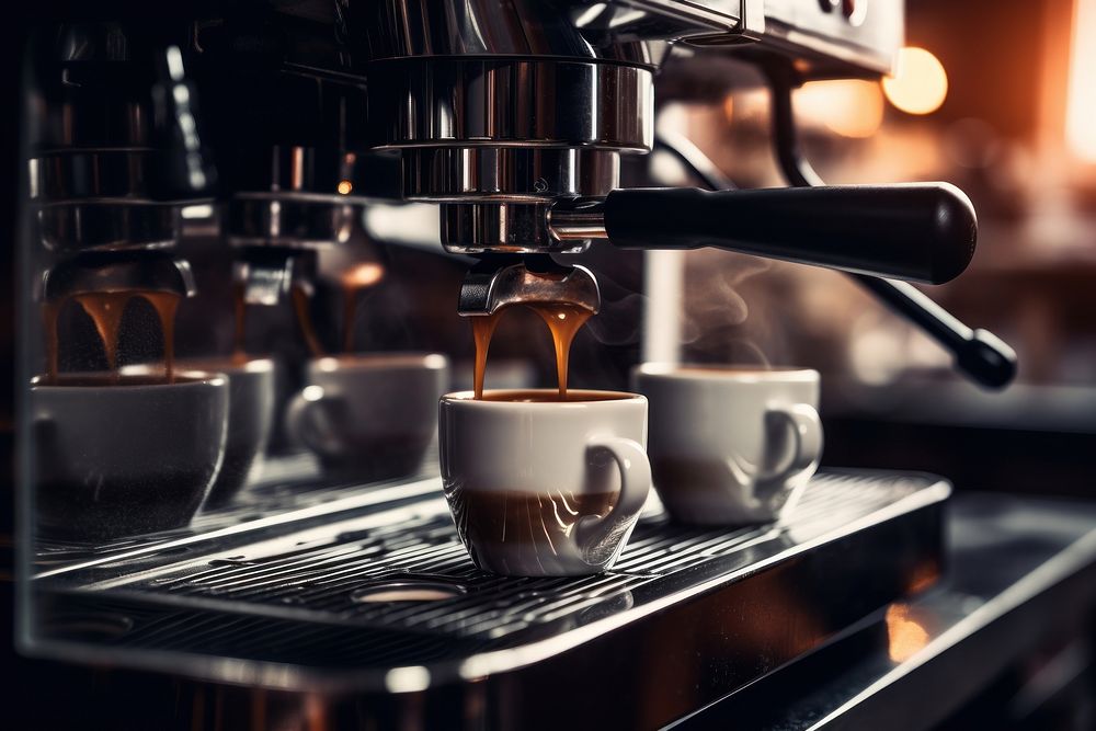 Coffee being brew from coffee machine to cup drink cafe mug. AI generated Image by rawpixel.