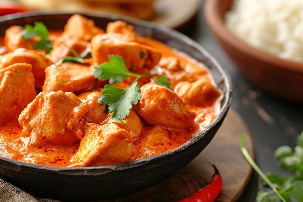 Close-up photo of butter chicken curry food bowl.