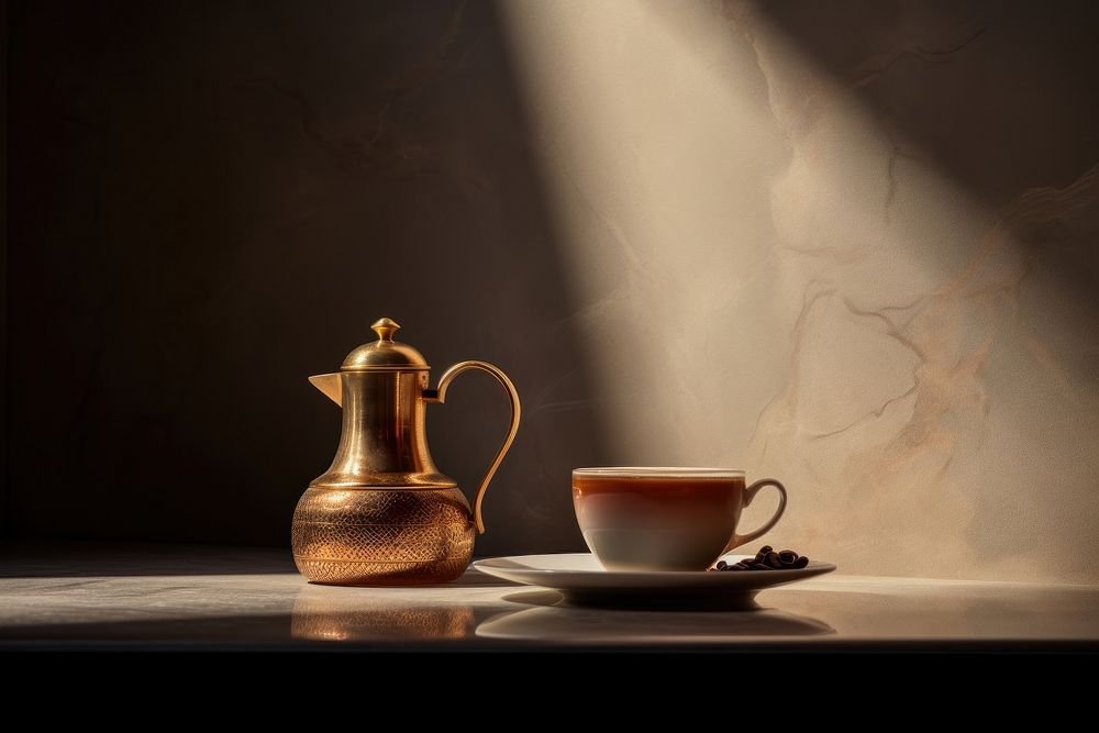 Arabic coffee lighting saucer drink. AI generated Image by rawpixel.