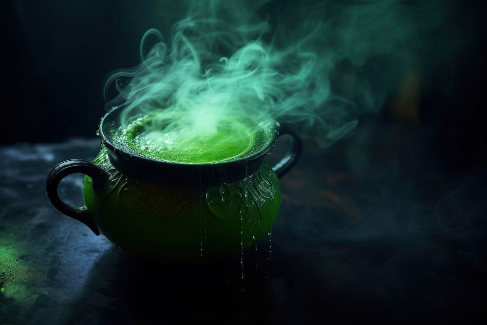 Cauldron with green glowing potion smoke cup mug. AI generated Image by rawpixel.