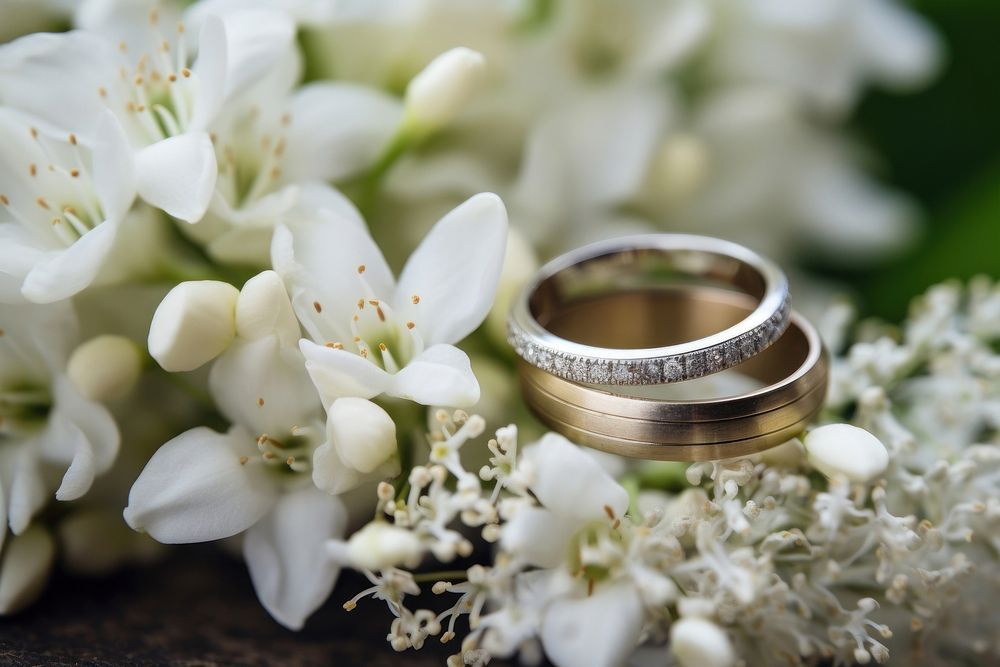 Wedding rings jewelry flower plant. AI generated Image by rawpixel.