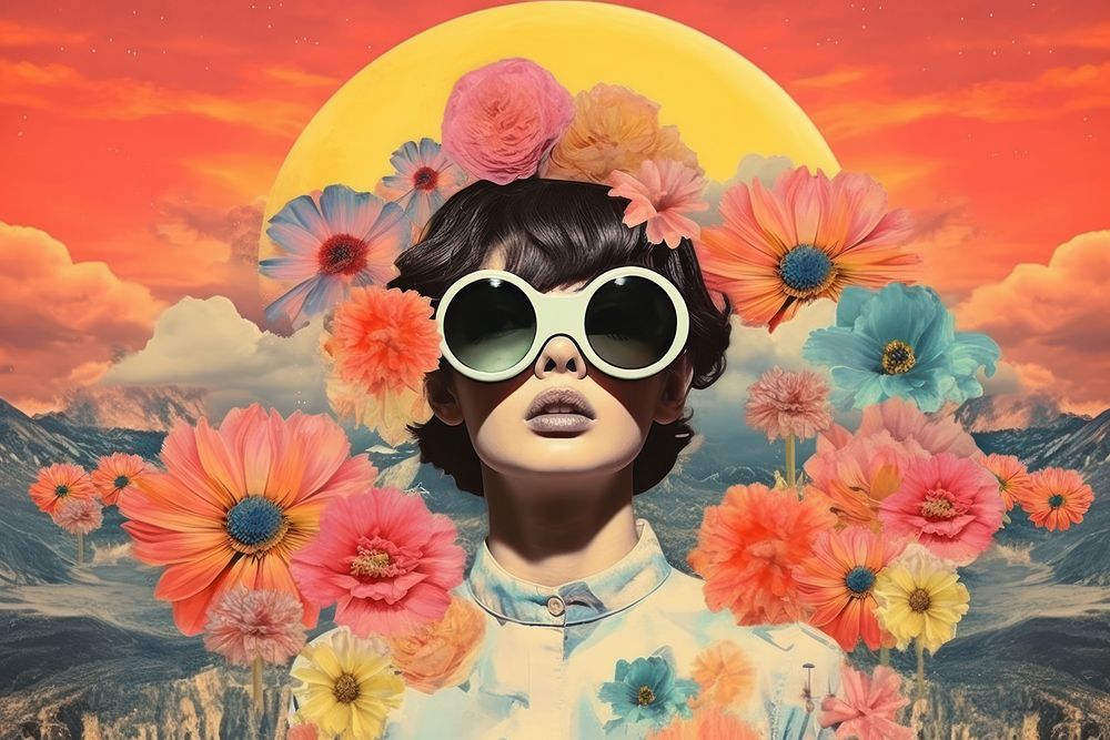 Dreamy Retro Surrealism Collages of flowers sunglasses portrait outdoors.