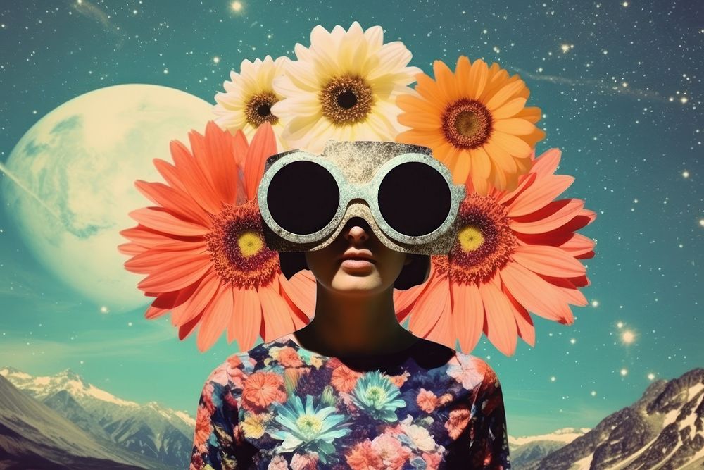 Dreamy Retro Surrealism Collages of flowers sunglasses portrait outdoors.