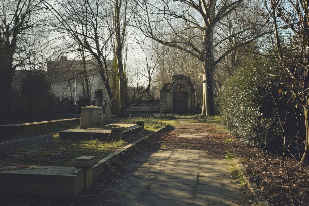 Empty scene of public graveyard tombstone outdoors cemetery.