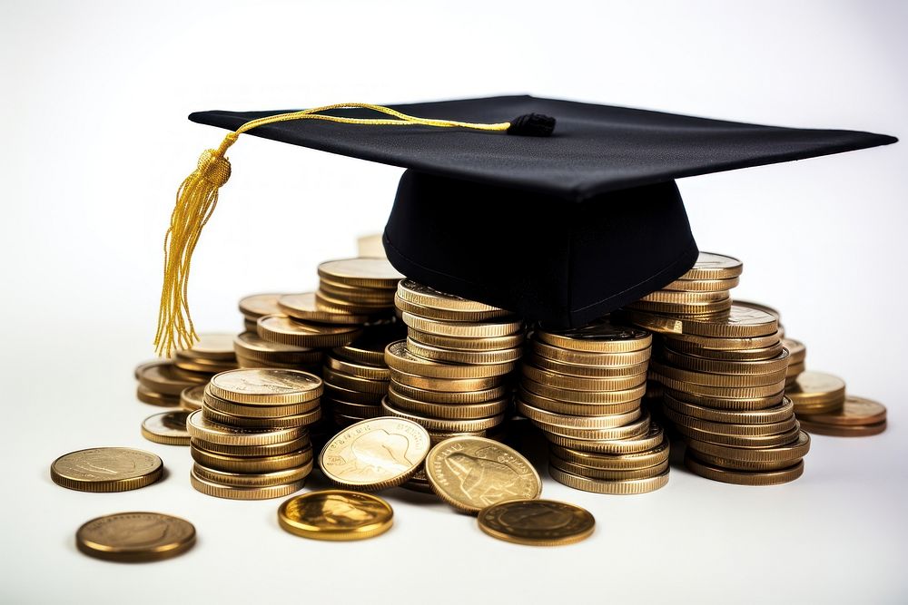 Graduation cap on a stack of coins graduation money gold. AI generated Image by rawpixel.