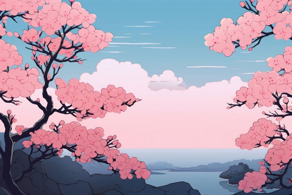 Illustration cherry blossom flowers landscape outdoors nature plant.