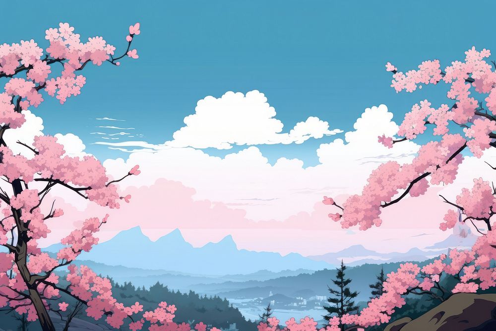 Illustration cherry blossom flowers landscape outdoors nature plant.