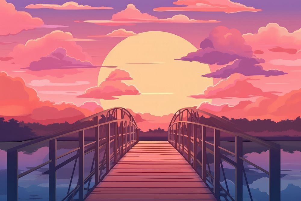 Illustration bridge with sunset landscape outdoors nature dawn.
