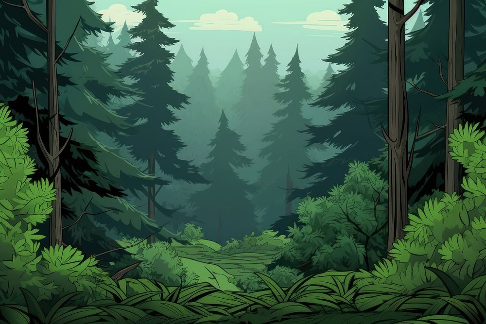 Illustration green ferns in forest landscape backgrounds vegetation wilderness.
