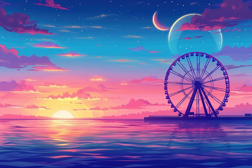 Ferris wheel on sea outdoors nature night.