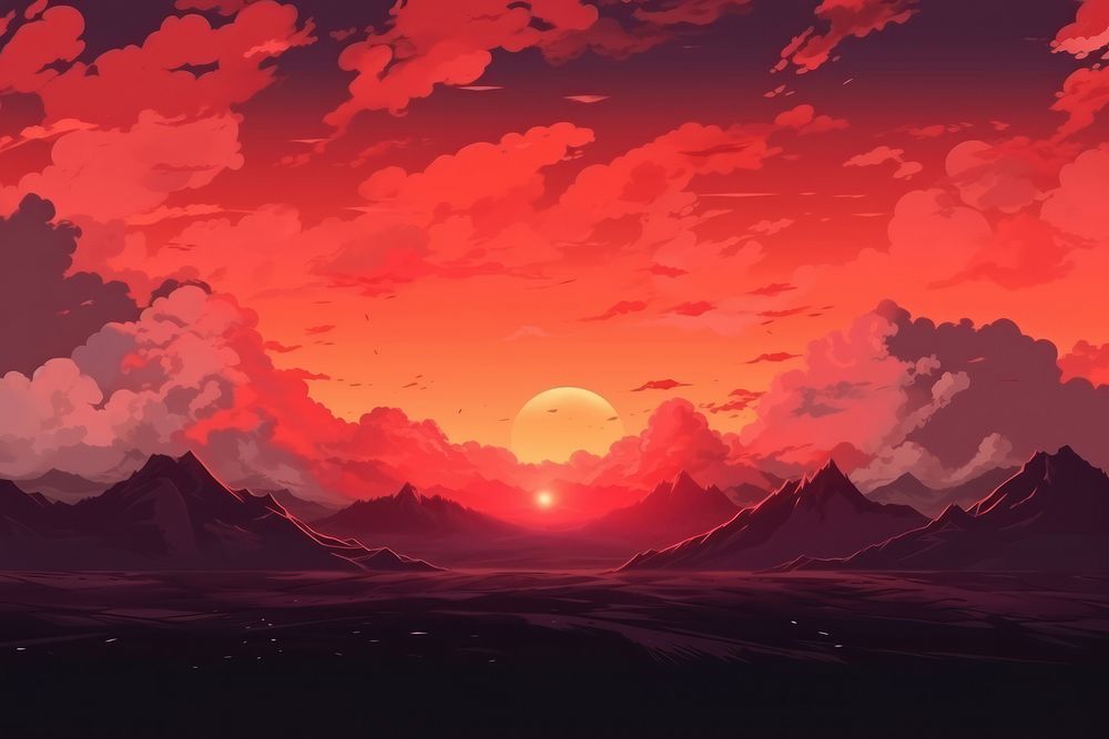 Fire field landscape panoramic sunset.
