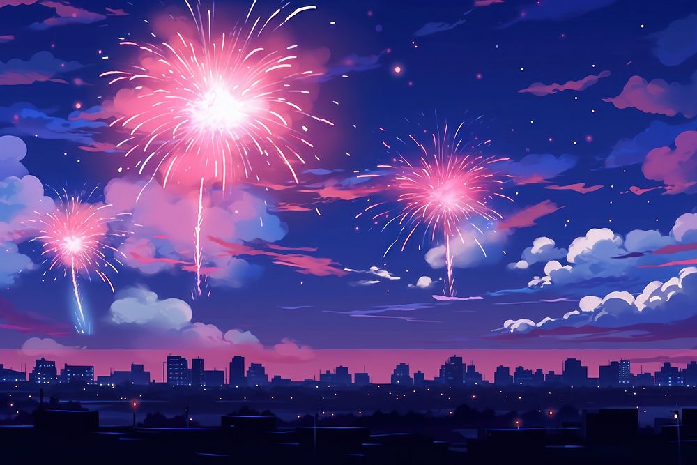 Illustration fireworks on night sky landscape architecture cityscape outdoors.