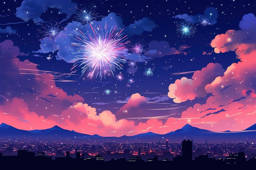 Illustration fireworks on night sky landscape architecture outdoors nature.