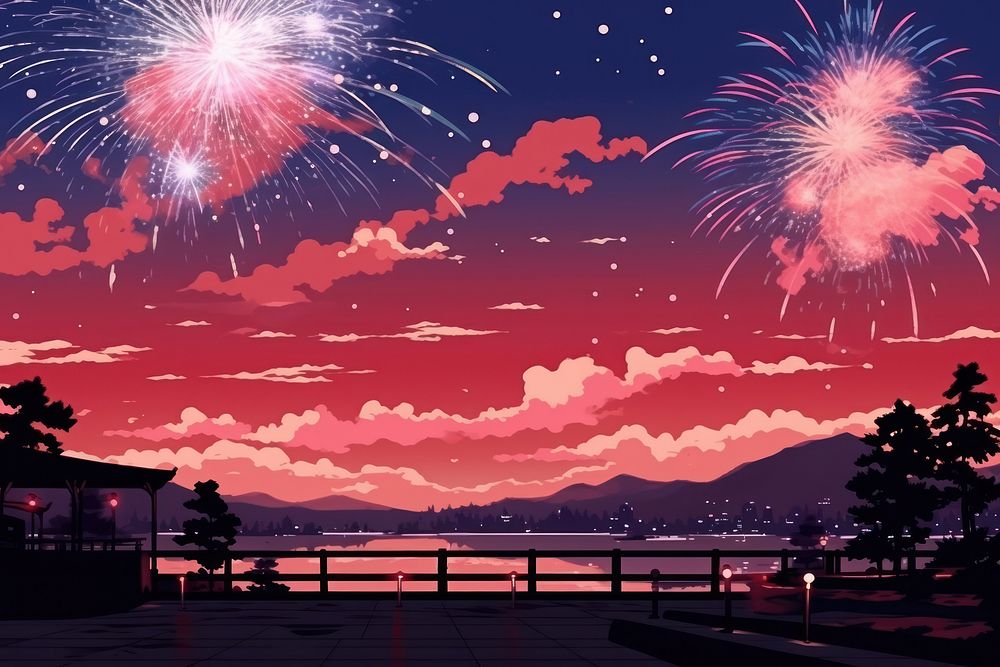 Illustration fireworks landscape outdoors nature night.