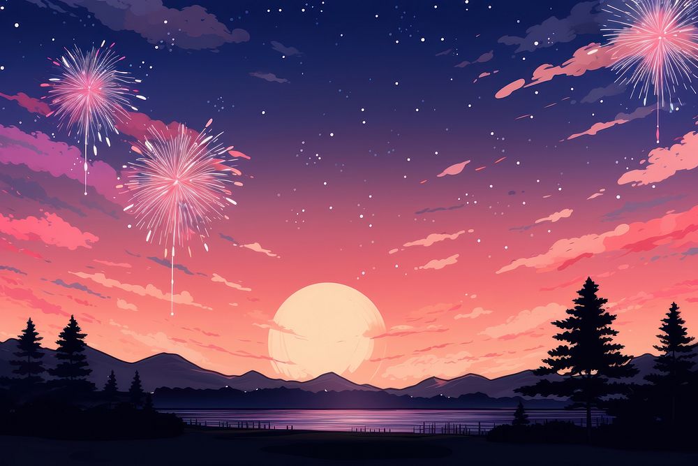 Illustration fireworks landscape outdoors nature night.
