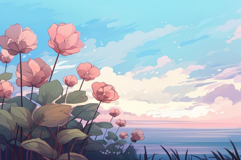 Illustration hydrangea flowers landscape outdoors nature anime.