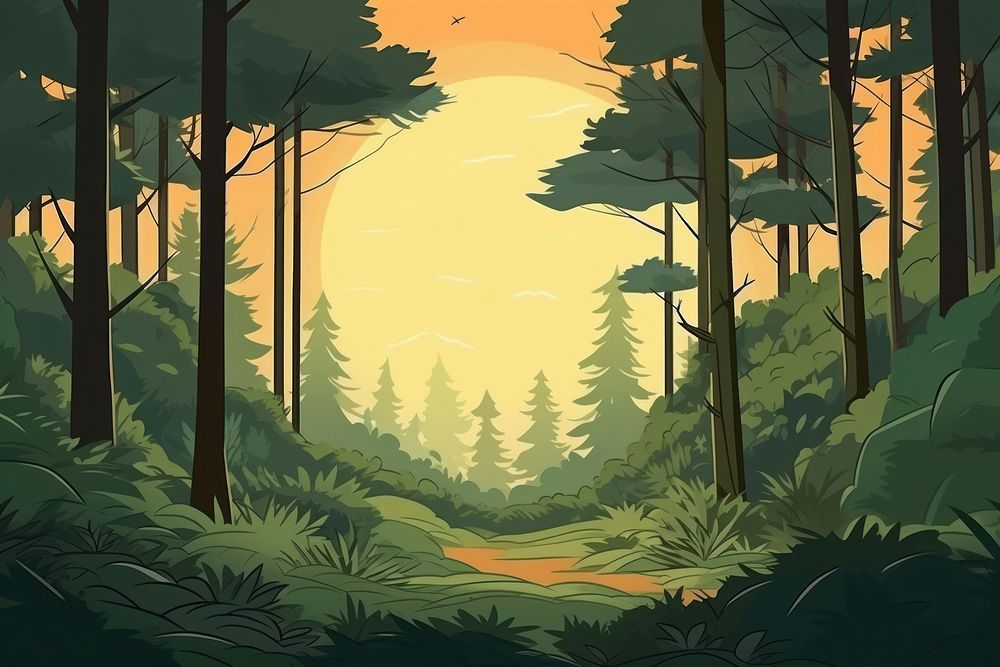 Illustration minimal forest landscape sunlight outdoors woodland.