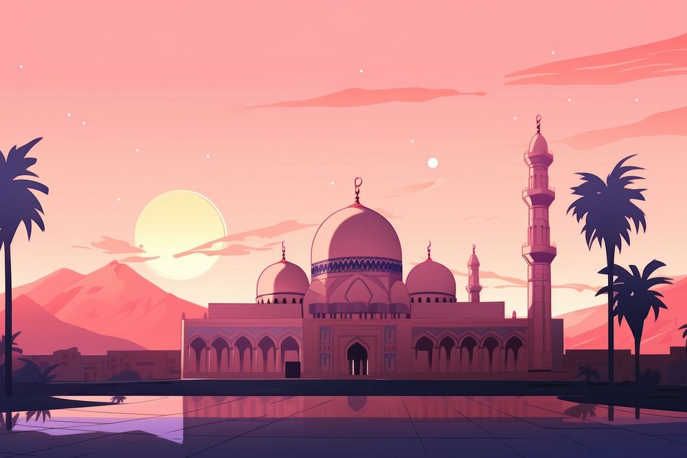 Illustration minimal ramadan landscape architecture building dome.