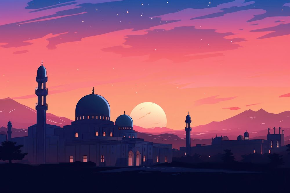 Illustration simple ramadan landscape architecture building dome.