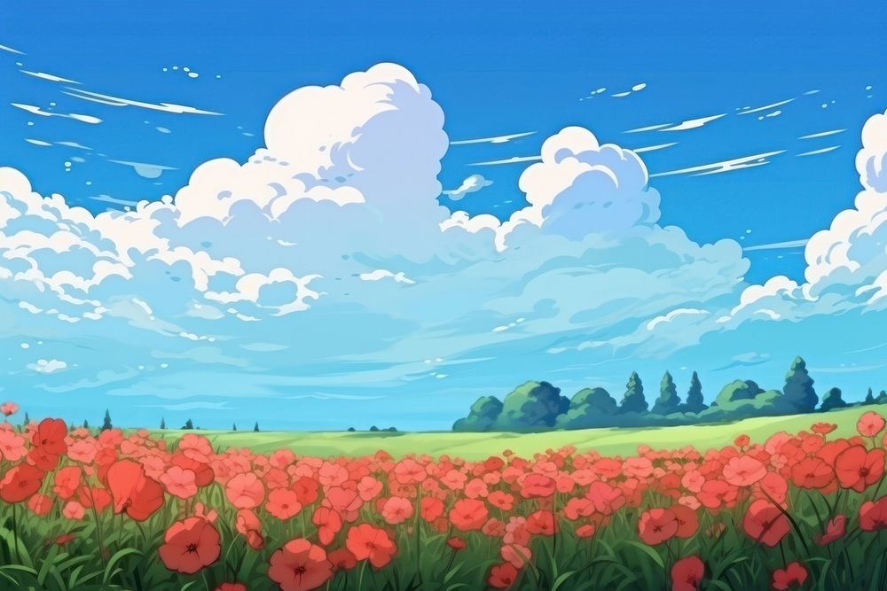 Illustration poppy field landscape panoramic outdoors nature.