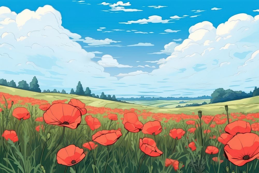 Illustration poppy field landscape grassland outdoors nature.