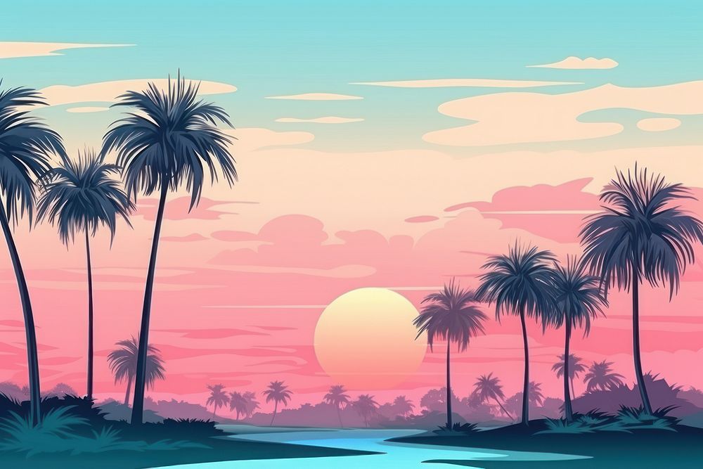 Illustration palm trees landscape backgrounds outdoors sunset.